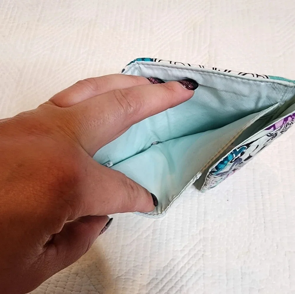 Vera Bradley Penelope's Garden tri-fold‎ wallet. Blue green purple floral.